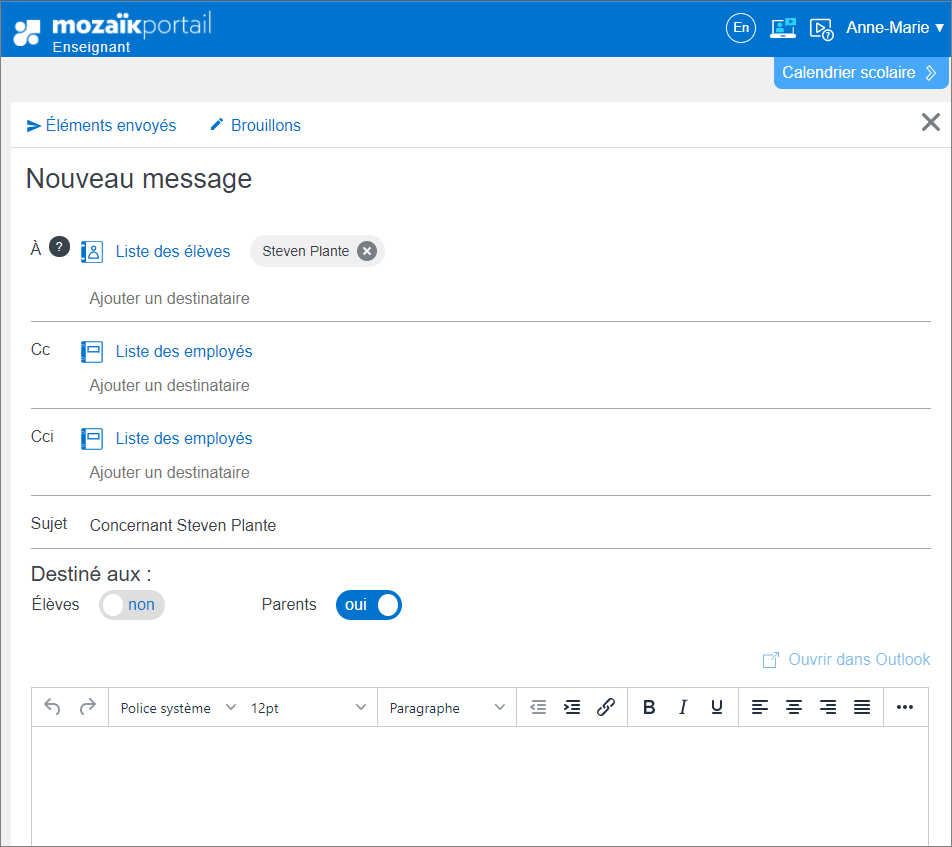 Capture d'écran d'un nouveau message dans Mozaïk-Portail.